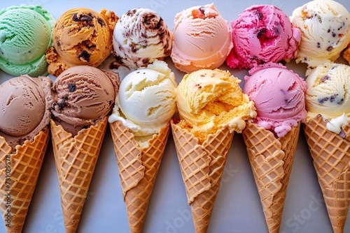 Ice cream scoops of different colors and flavors in waffle cones