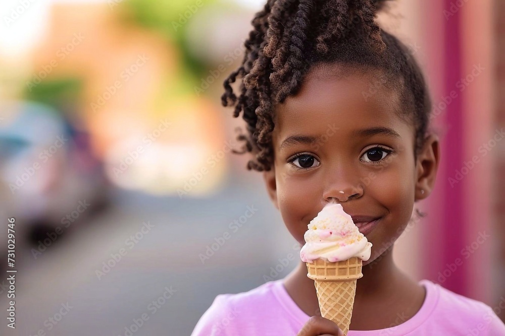 Portrait of cute african american little girl eating ice cream outdoors Portrait of cute african american little girl eating ice cream outdoors