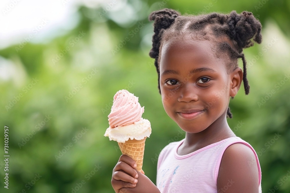 Adorable african american little girl eating ice cream in the park Adorable african american little girl eating ice cream in the park