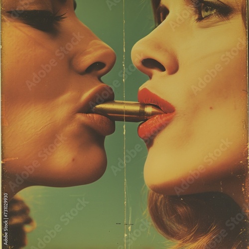 retro poster on the theme of disarmament .model holding a bullet with her lips photo