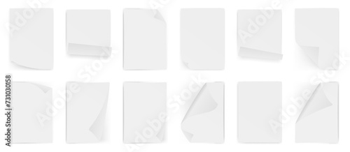 Blank grey sticker collection with curled corner. Blank paper stickers of different shapes. Set of empty template rectangle sticky labels