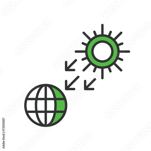 Sun part of the earth icon in line design green. Sun, part, earth, solar, system, light, energy, radiance, sunshine isolated on white background vector. Sun part of the earth editable stroke icon.