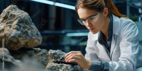 A female geologist researcher analyzes a rock photo
