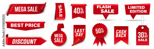 Promotion red labels and badges. Sale, discount, best price, cash back red label collection. Price discount promotion banner, special offer sticker