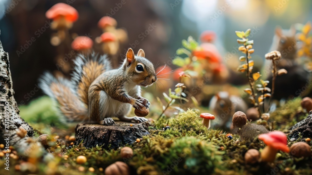 high detailed and high quality Conceptual illustration of miniature squirrels in a tiny forest setting, emphasizing their agile movements and adorable nut-gathering activities high detailed and high quality Conceptual illustration of miniature squirrels in a tiny forest setting, emphasizing their agile movements and adorable nut-gathering activities