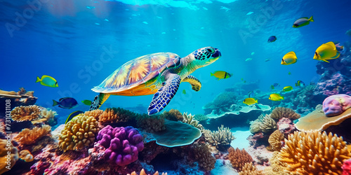 Herd of tropical colourful fishes and turtles around colour reefs underwater view.