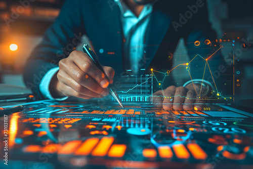 Businessman sketching a growing virtual hologram of statistics, graphs, and charts. Representing the stock market and sales data analysis. Neural network generated image. Not based on any actual photo