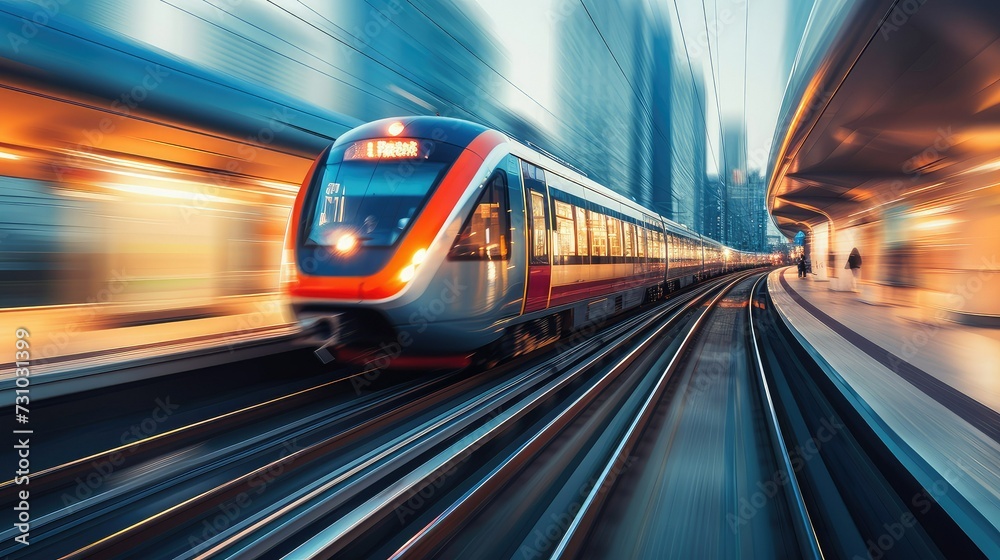 Passenger train in motion in a city, in the style of light navy and orange. Passenger train in motion in a city, in the style of light navy and orange.