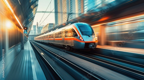 Passenger train in motion in a city, in the style of light navy and orange. photo