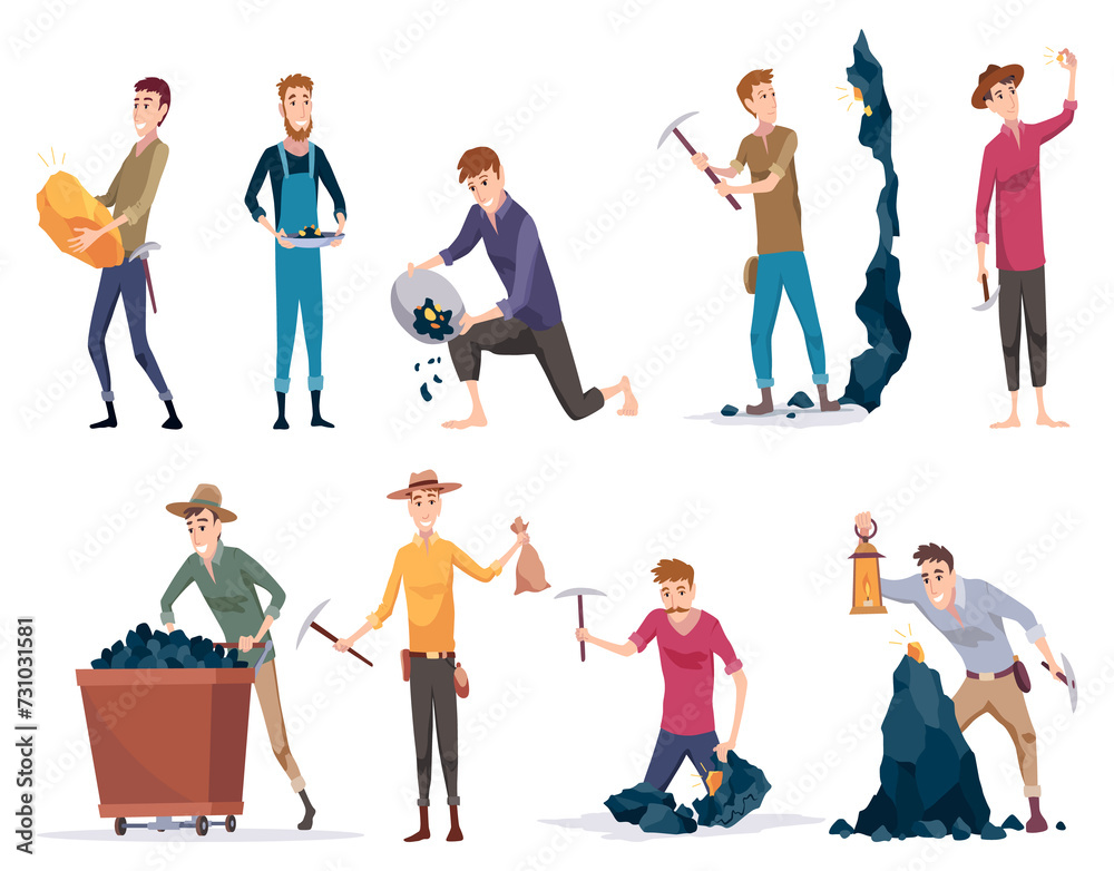 Fototapeta premium Golden miners set. Digger characters find minerals and gold working, digging exact. Gold mineral extraction. illustrations in cartoon style