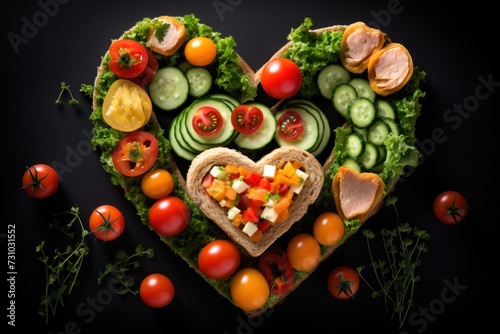 Valentine's Day heart shaped sandwiches with vegetables, tomatoes, cucumber on black background. Vegan food. View from above. Flat lay composition. © svetlana_cherruty