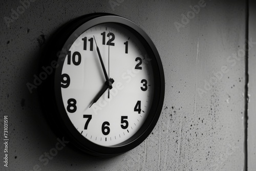 Minimalist black and white clock, stark contrast, on a gray wall