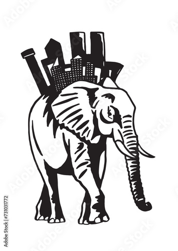 Graphical elephant with megapolis silhouettes walking on white background, vector illustration