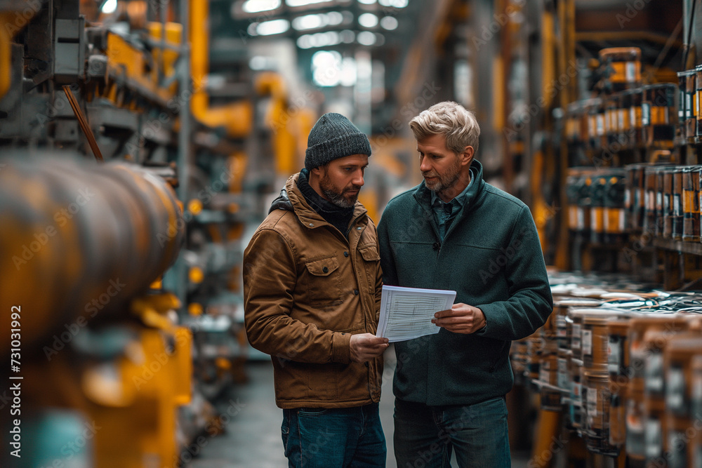 Two men with documents in a factory workshop with rolls of metal.