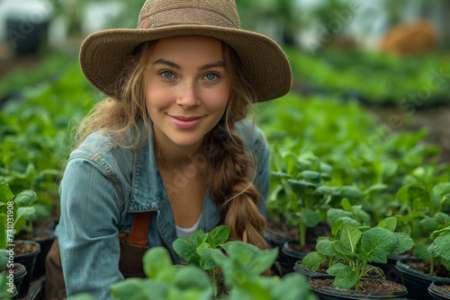 Woman working in greenhouse of a plant nursery.