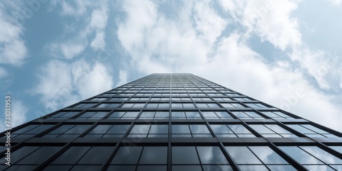 Bottom view of the end of a black skyscraper and the sky with white clouds.