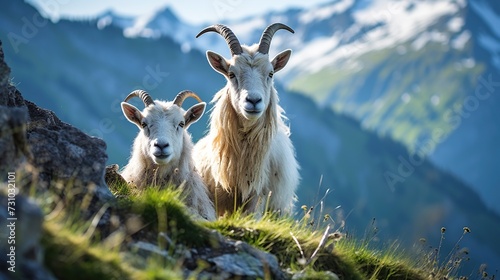 Portrait of two horned white mountain goats altitude a rocky mountain. © Mas