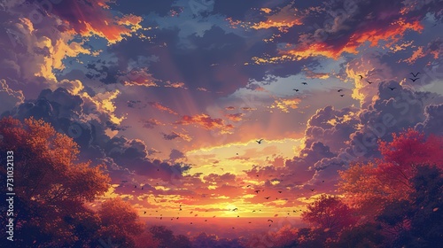 Autumn sky, Anime-style illustration of the autumn sky at dusk with thunderclouds  photo