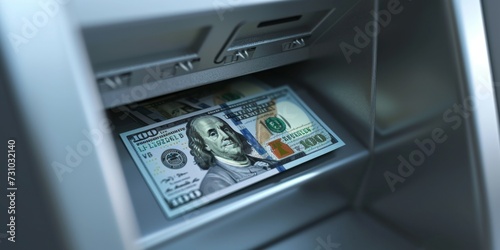 Close-up of withdrawing American dollar from an ATM
