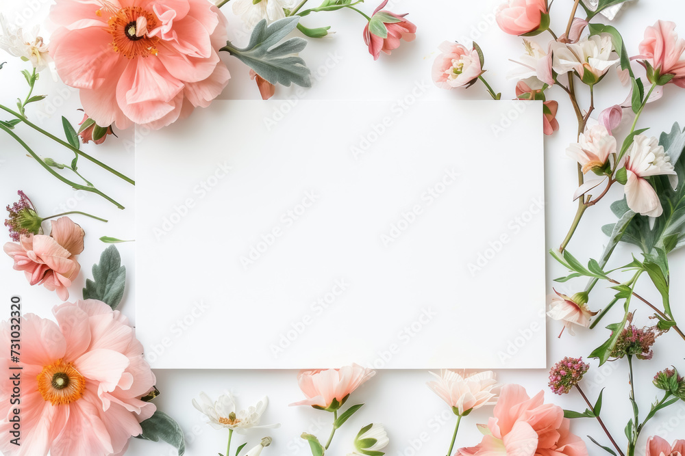 A blank white Mother's Day card decorated with delicate watercolor flowers