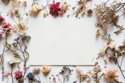 A blank white Mother's Day card with an artistic dried flower wreath.
