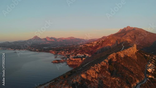 Aerial photography at dawn. Coast of Spain, city of Calpe