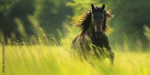 beautiful horse rushing through tall green grass