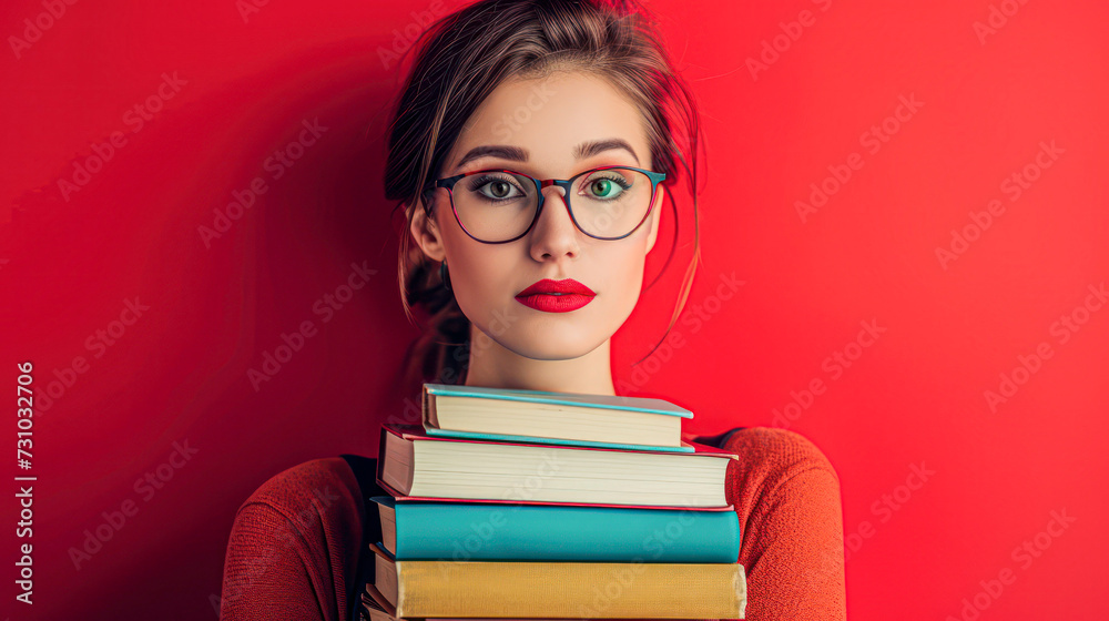 woman with glasses looking upwards, holding a set of books on a striking red background woman with glasses looking upwards, holding a set of books on a striking red background