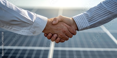 Engineers in white shirts shake hands against the background of solar panels