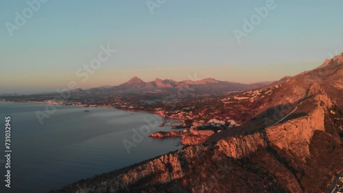 Aerial photography at dawn. Coast of Spain, city of Calpe