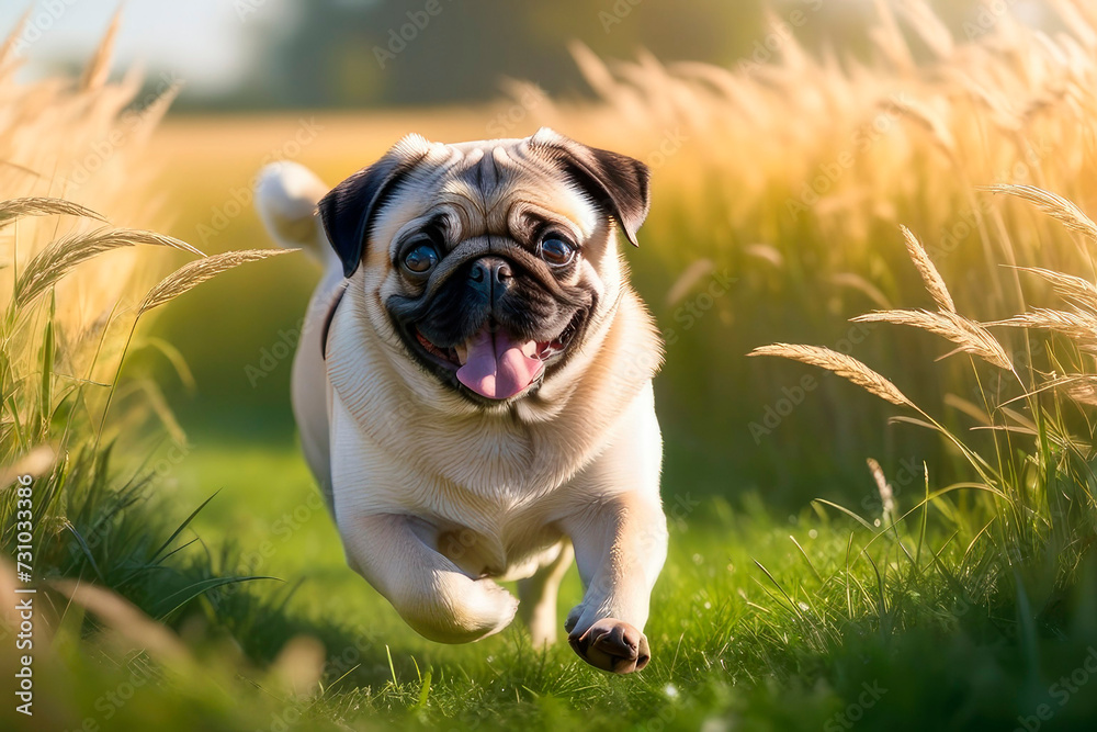 Happy pug dog running over a green meadow.