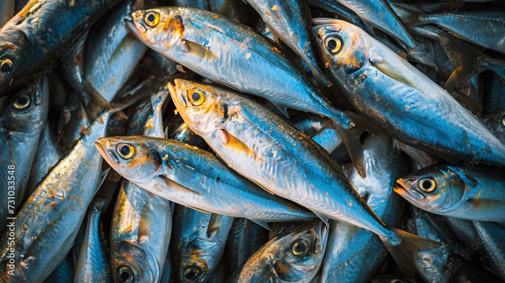 Obraz premium Pile of fresh fish caught by fishermen and ready for market.