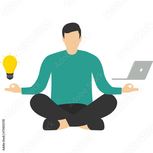 Meditation or calming mind workflow concept, with a woman meditating. thoughts and emotions, lotus position, thought processes, initiating and generating ideas. Flat vector illustration