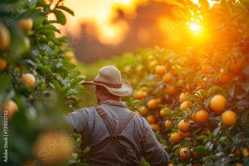 Back view Farmer Harvesting Oranges at Sunset
