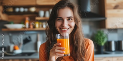 Happy young woman drinking carrot juice © xartproduction