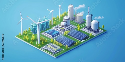 Smart city with wind turbines and solar panels. Sustainable renewable energy
