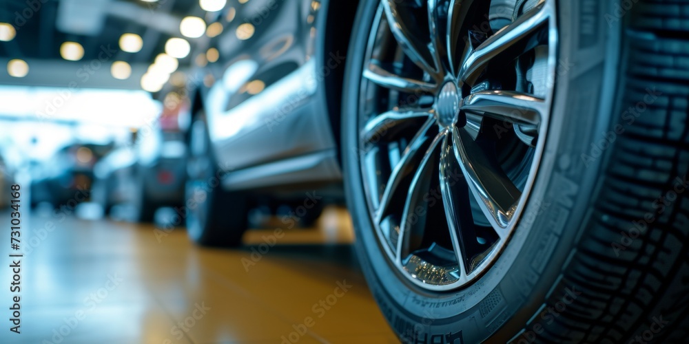 New rubber car tire in a car showroom New rubber car tire in a car showroom