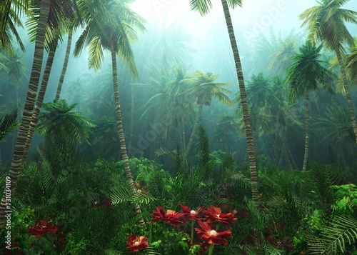 Fototapeta Naklejka Na Ścianę i Meble -  Jungle, rainforest during the plank, palm trees in the morning in the fog, jungle in the haze, 3D rendering