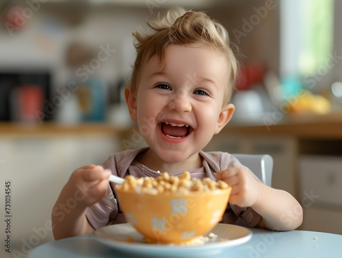 Caucasian Toddler Boy Having Cereal Breakfast