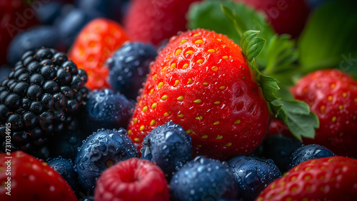 Close-up image capturing the freshness of mixed berries with water droplets  emphasizing the juicy texture and vivid colors.