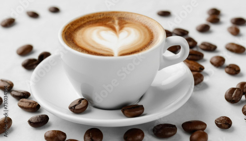 white small cup of coffee espresso background of scattered beans 3