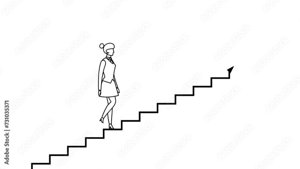 Whiteboard cartoon businesswoman going up black and white. Chart graph stairs animation. Business metaphor of progress, success, career advancement, climbing up career ladder or stairs. 