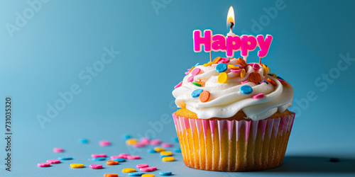 Text "Happy Birthday" and a delicious cupcake