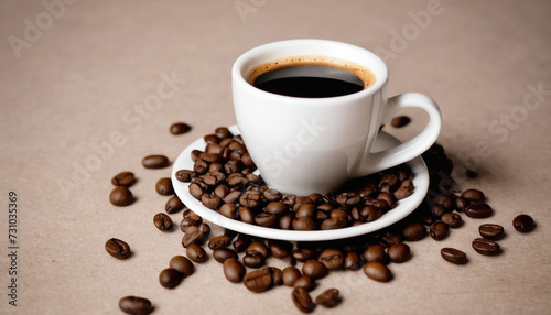 white small cup of coffee espresso background of scattered beans 4