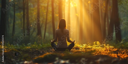 woman sitting back relaxing practicing meditation yoga in forest