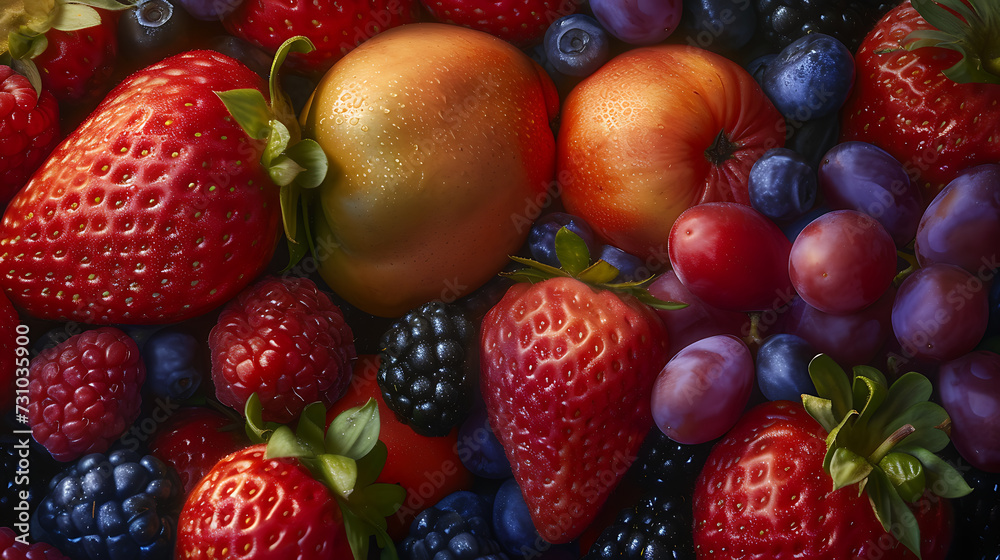 A close-up view of a group of summer fruits, textured detail A close-up view of a group of summer fruits, textured detail