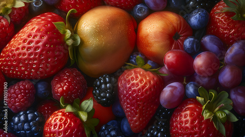 A close-up view of a group of summer fruits, textured detail 