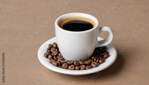 white small cup of coffee espresso background of scattered beans 6