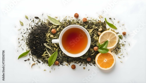 image of a mug with tea, tea leaves of different varieties, fruit tea ingredients scattered on a white background. food and cooking. beverages