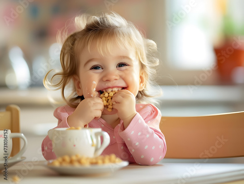 Caucasian Toddler Girl Having Cereal Breakfast